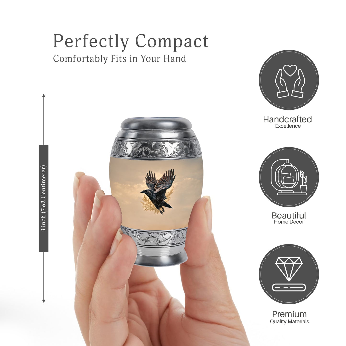 Amber Gold Crow Cremation Urn lifestyle display on memorial shelf - regal crow design with crown-inspired accents - mini keepsake memorial for portion of cremation ashes