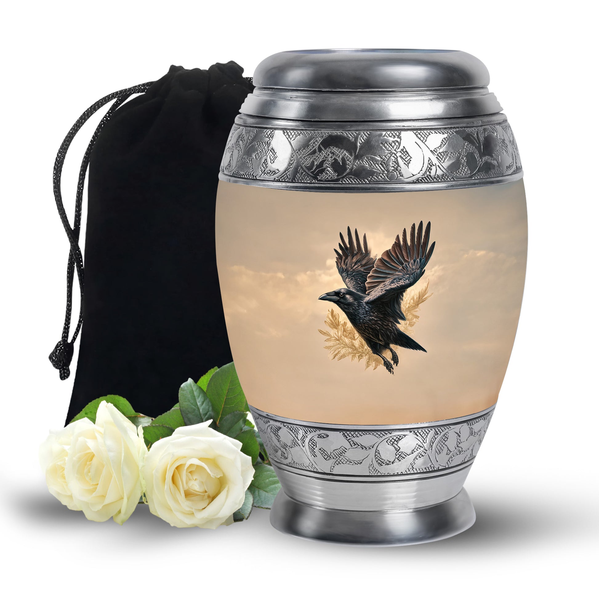 Matte Gold Crow Cremation Urn back view with polished surface - majestic crow pattern with filigree border - full-size 10 inch 200 cubic inch adult cremation urn