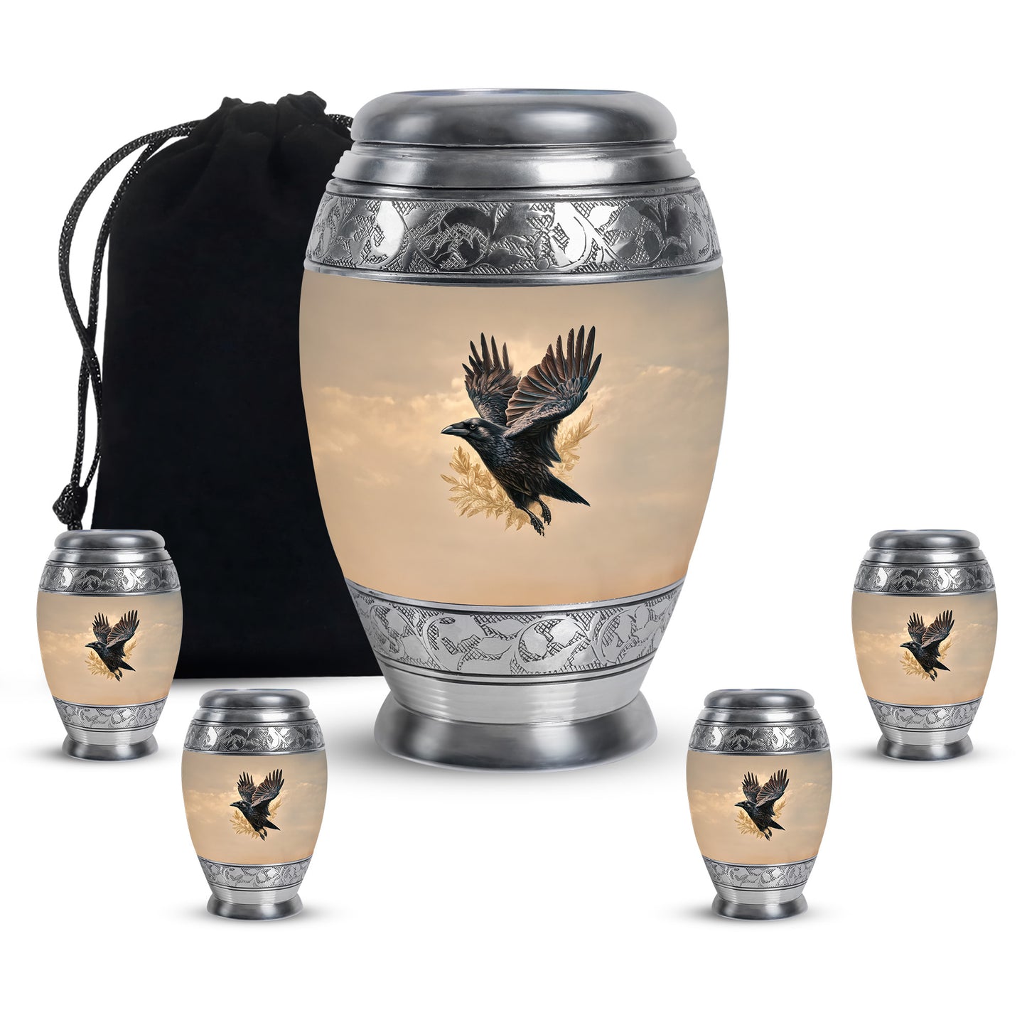 Royal Gold Crow Cremation Urn detail view - royal crow engraving with decorative scrollwork - memorial set with one large and four small urns