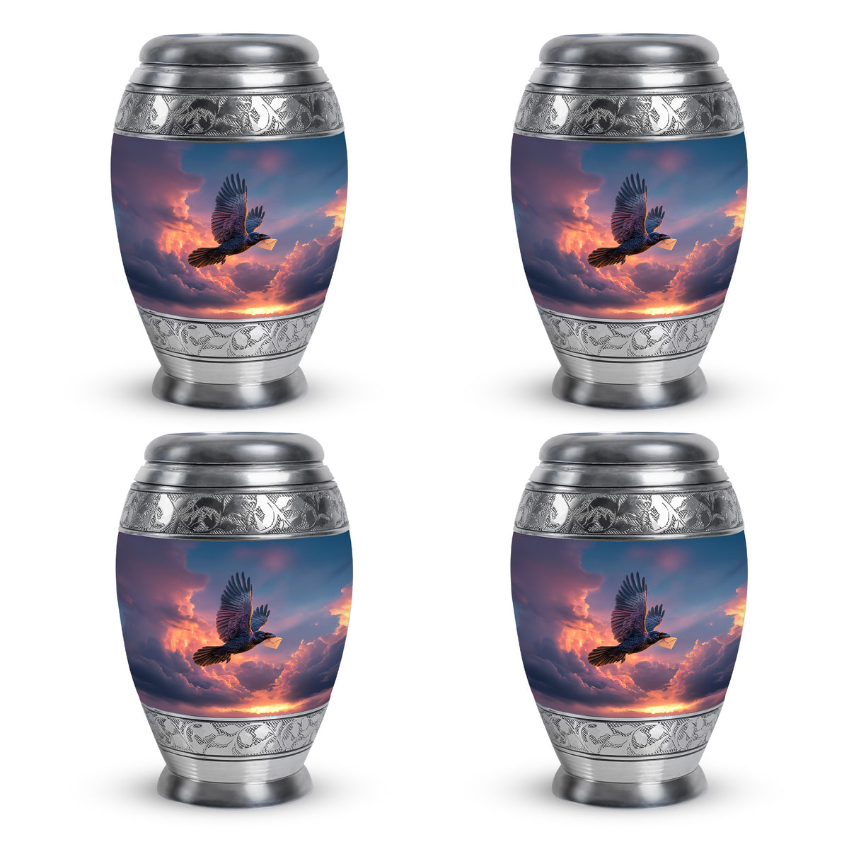 Sapphire Blue Crow Cremation Urn urn with complimentary velvet bag - royal crow engraving with decorative scrollwork - 10 inch aluminum urn for cremated remains