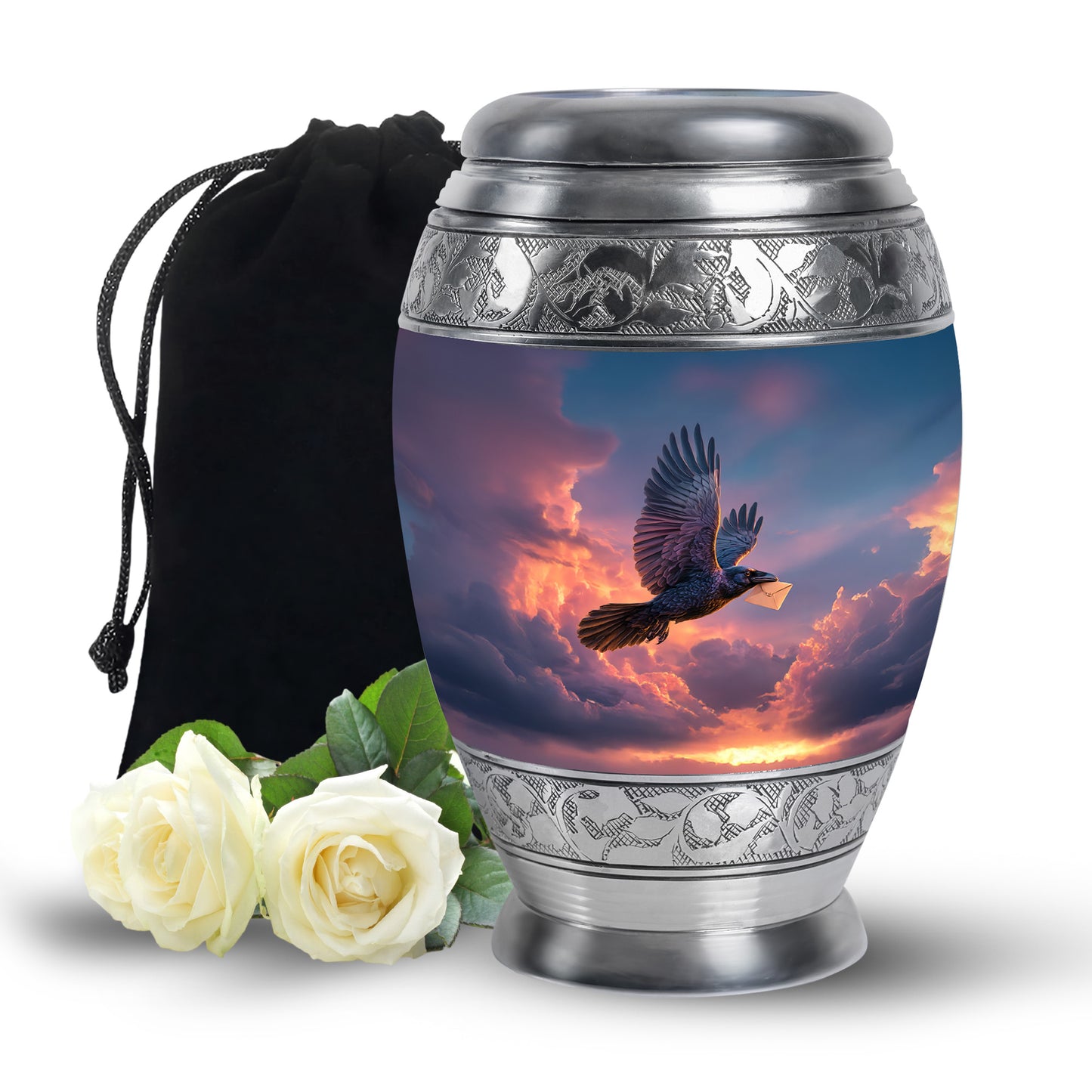 Soft Blue Crow Cremation Urn back view with polished surface - majestic crow pattern with filigree border - full-size 10 inch 200 cubic inch adult cremation urn