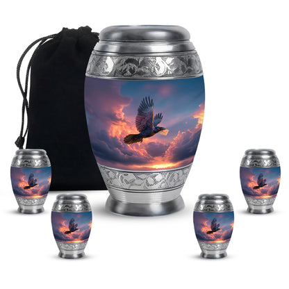 Misty Blue Crow Cremation Urn detail view - regal crow design with crown-inspired accents - memorial set with one large and four small urns