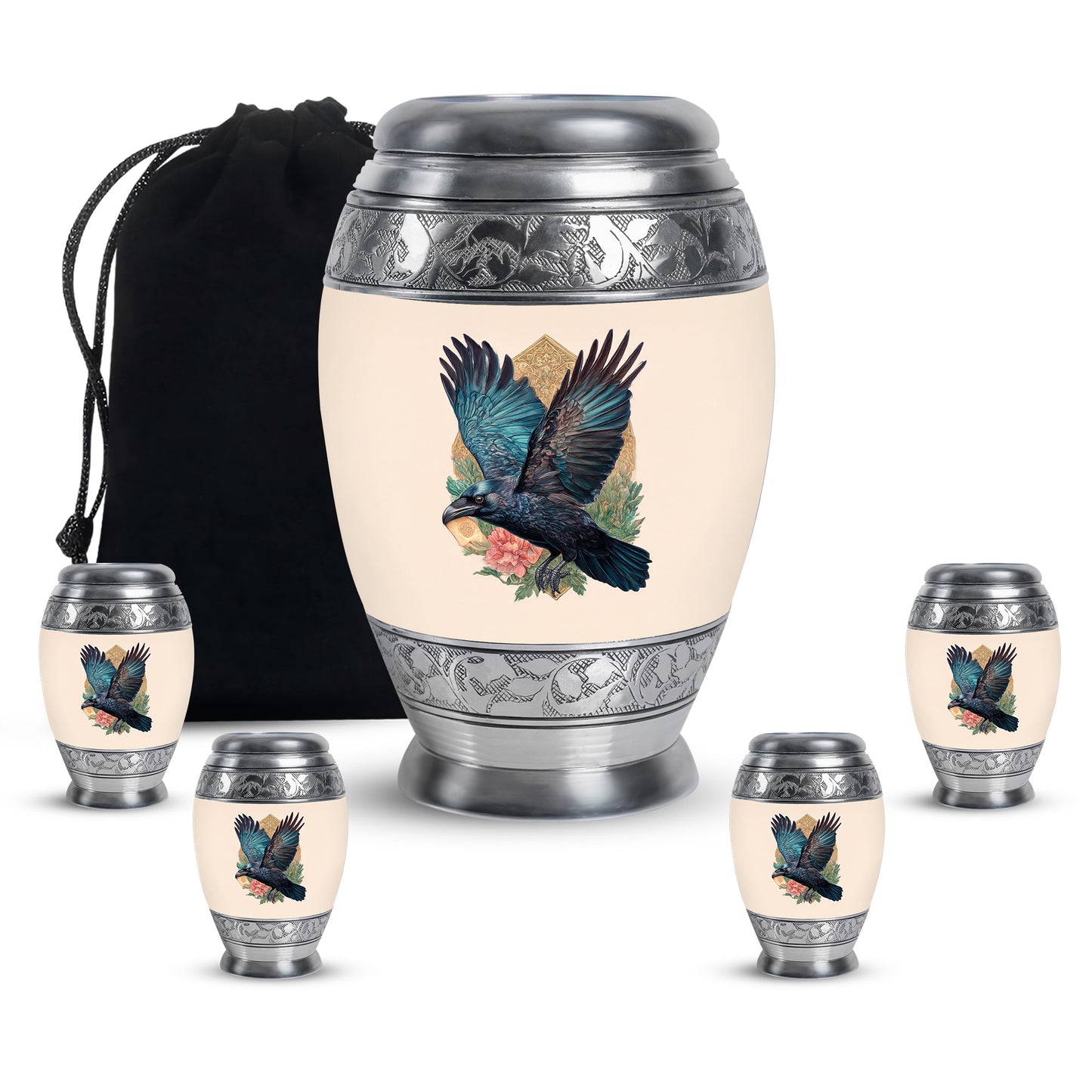 Matte Gold Crow Cremation Urn detail view - royal crow engraving with decorative scrollwork - memorial set with one large and four small urns