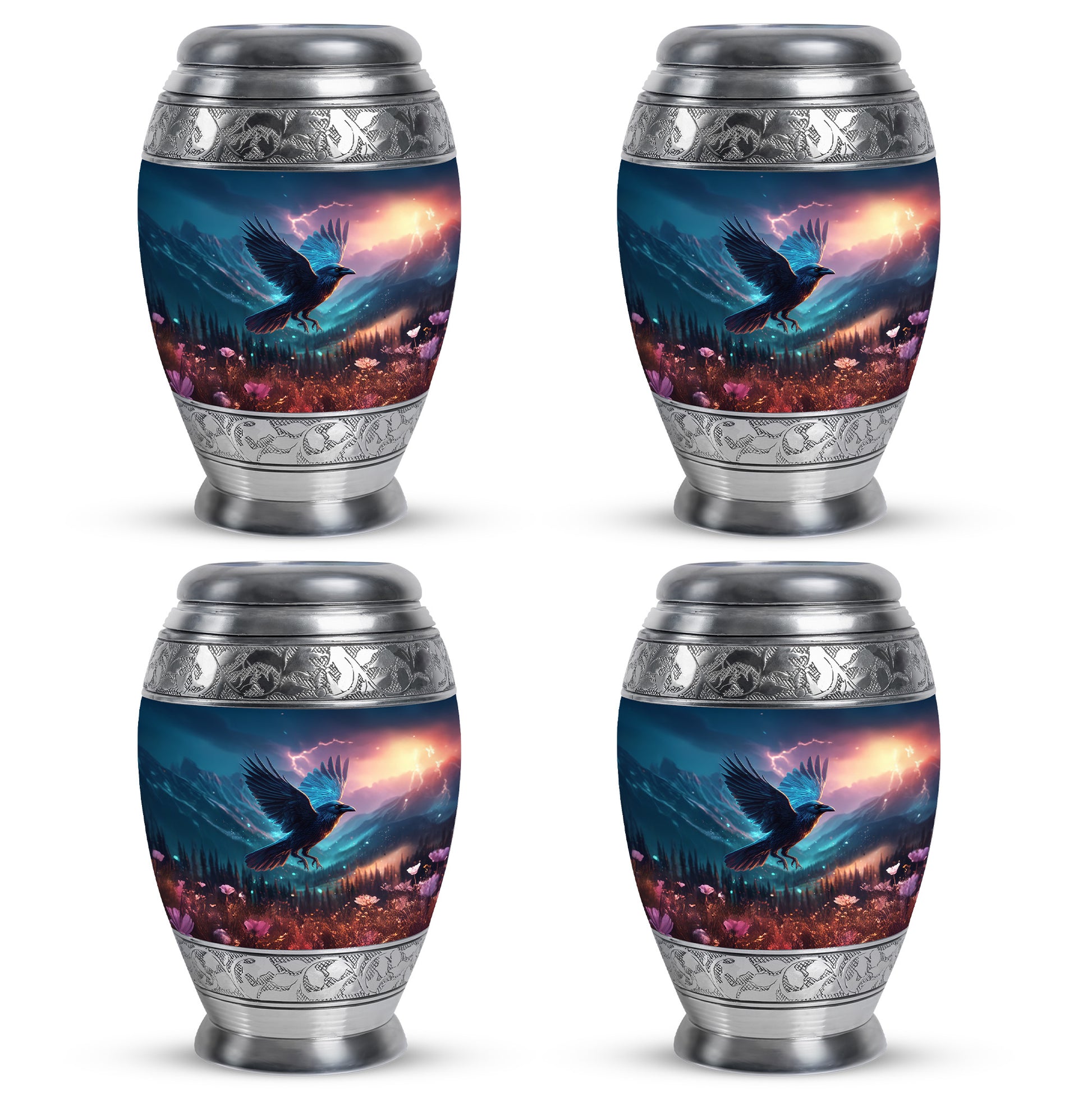Bright Blue Crow Cremation Urn urn with complimentary velvet bag - majestic crow pattern with filigree border - 10 inch aluminum urn for cremated remains