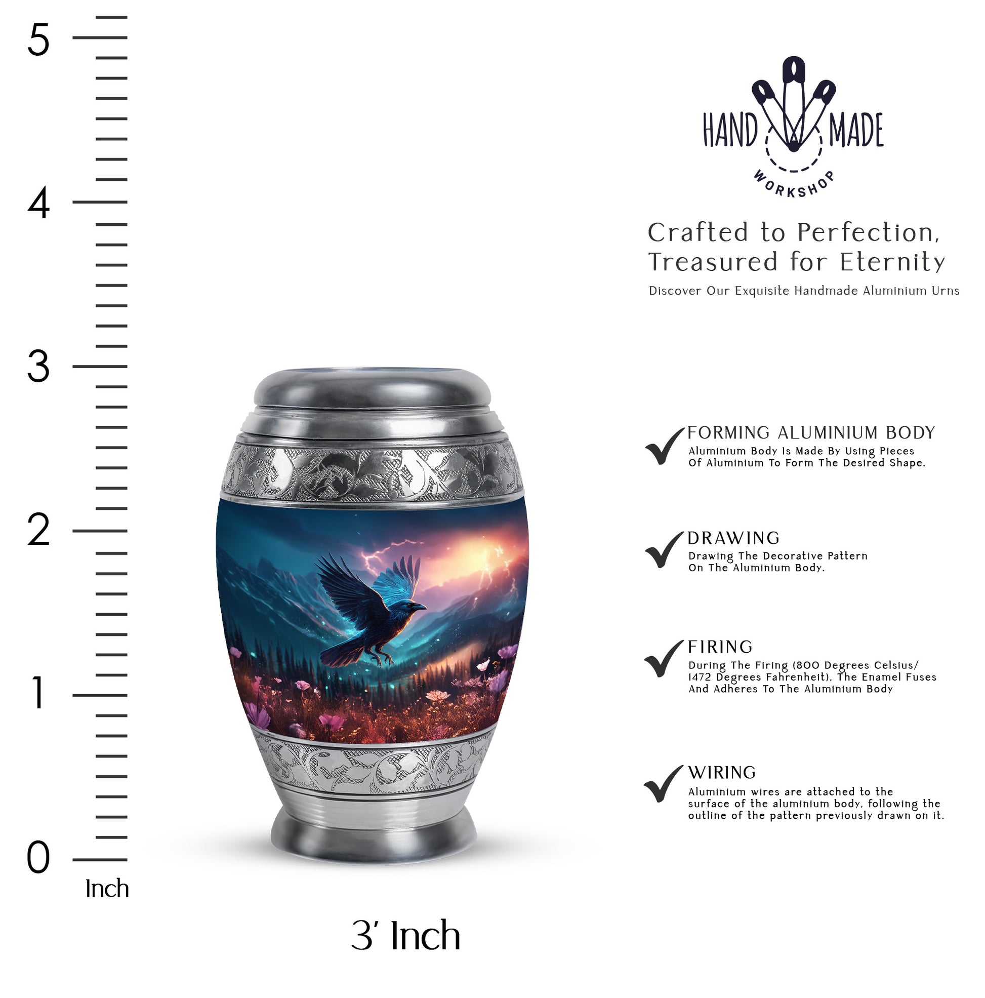 Calming Blue Crow Cremation Urn lifestyle display on memorial shelf - royal crow engraving with decorative scrollwork - mini keepsake memorial for portion of cremation ashes