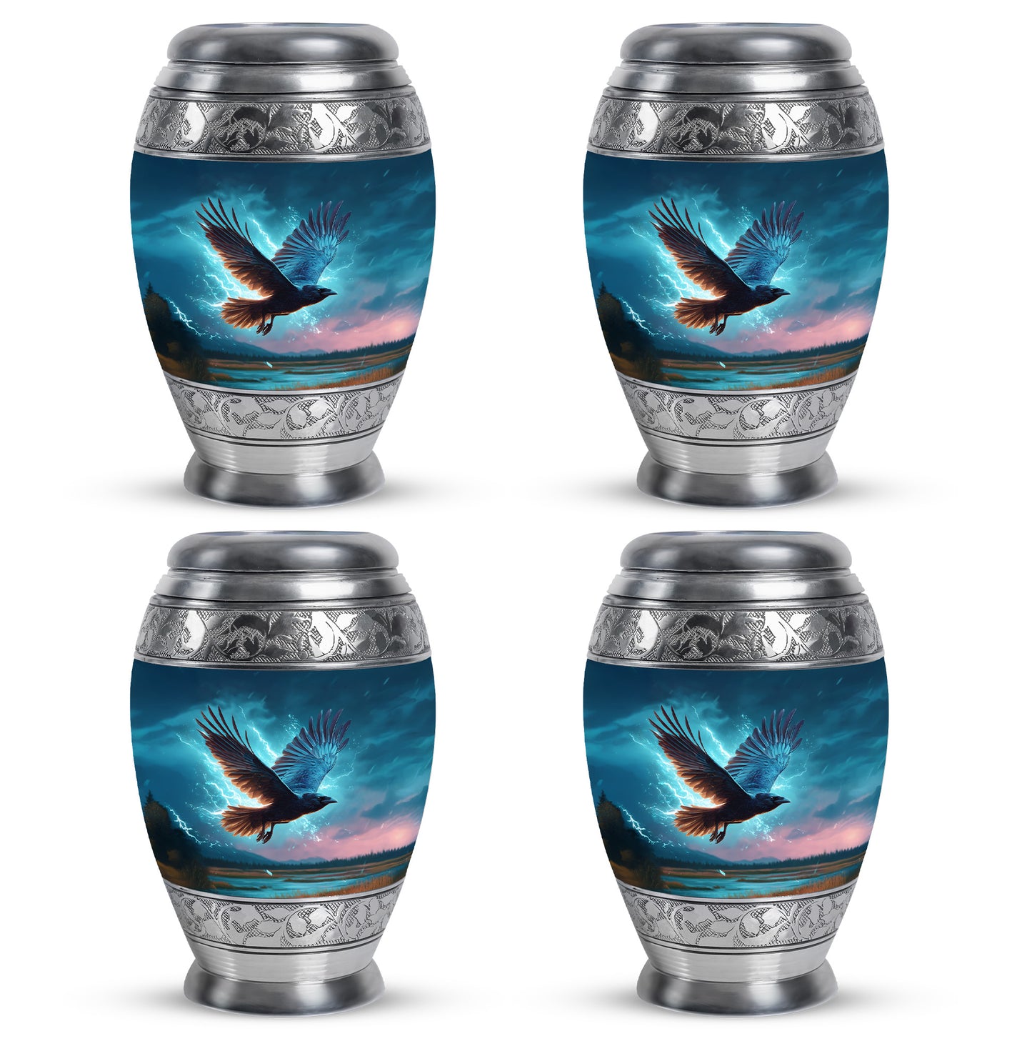 Cobalt Blue Crow Cremation Urn urn with complimentary velvet bag - majestic crow pattern with filigree border - 10 inch aluminum urn for cremated remains