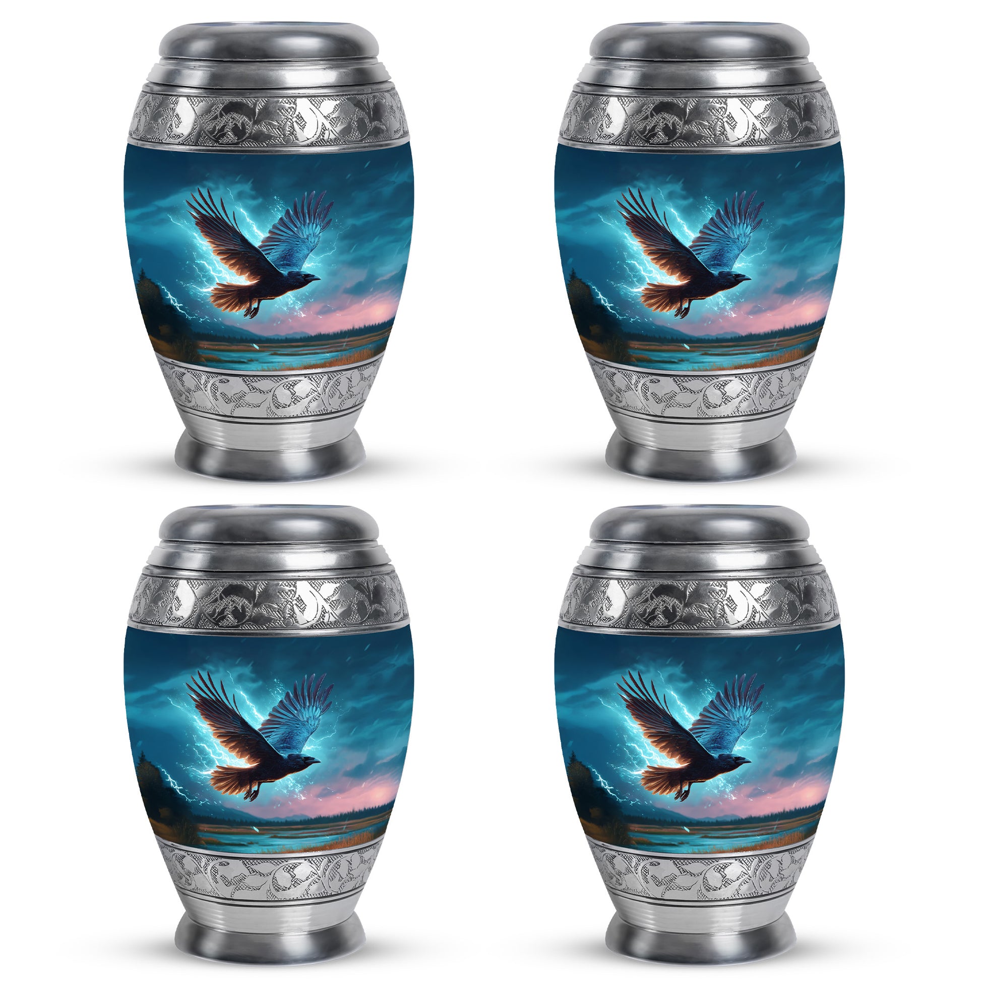 Cobalt Blue Crow Cremation Urn urn with complimentary velvet bag - majestic crow pattern with filigree border - 10 inch aluminum urn for cremated remains