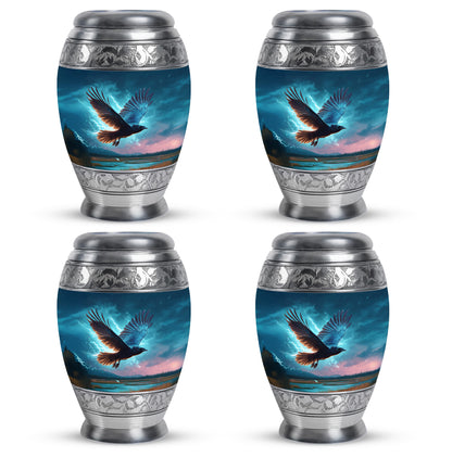 Cobalt Blue Crow Cremation Urn urn with complimentary velvet bag - majestic crow pattern with filigree border - 10 inch aluminum urn for cremated remains