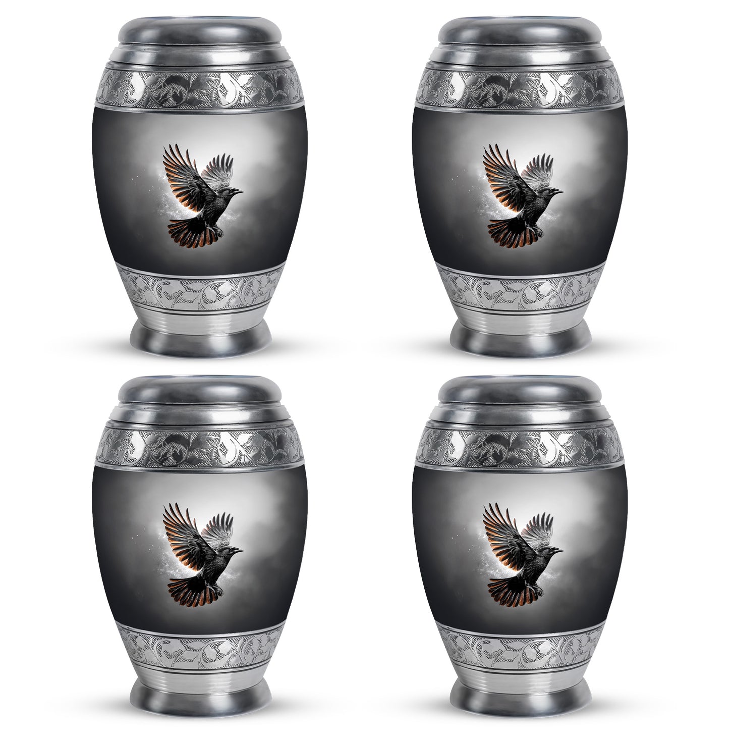 Obsidian Black Crow Cremation Urn urn with complimentary velvet bag - royal crow engraving with decorative scrollwork - 10 inch aluminum urn for cremated remains