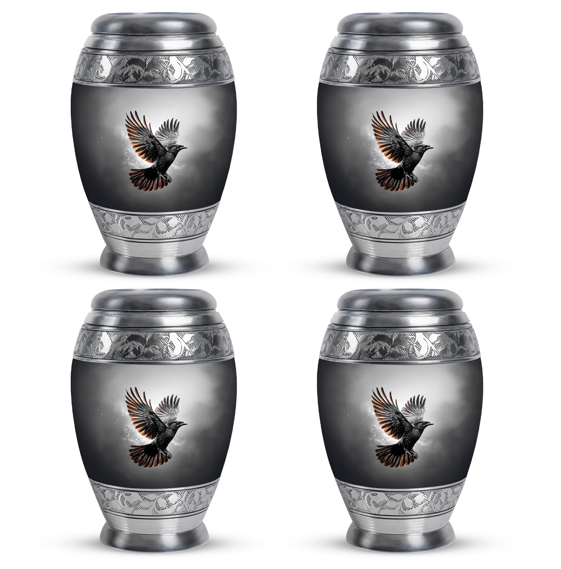Obsidian Black Crow Cremation Urn urn with complimentary velvet bag - royal crow engraving with decorative scrollwork - 10 inch aluminum urn for cremated remains