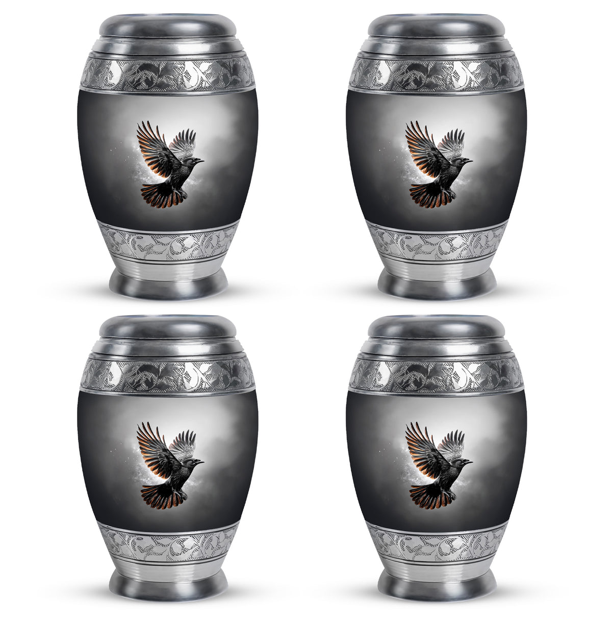 Obsidian Black Crow Cremation Urn urn with complimentary velvet bag - royal crow engraving with decorative scrollwork - 10 inch aluminum urn for cremated remains