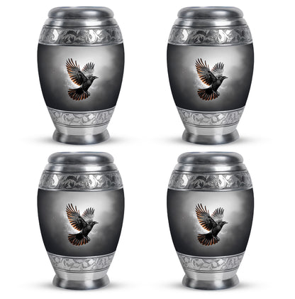 Obsidian Black Crow Cremation Urn urn with complimentary velvet bag - royal crow engraving with decorative scrollwork - 10 inch aluminum urn for cremated remains