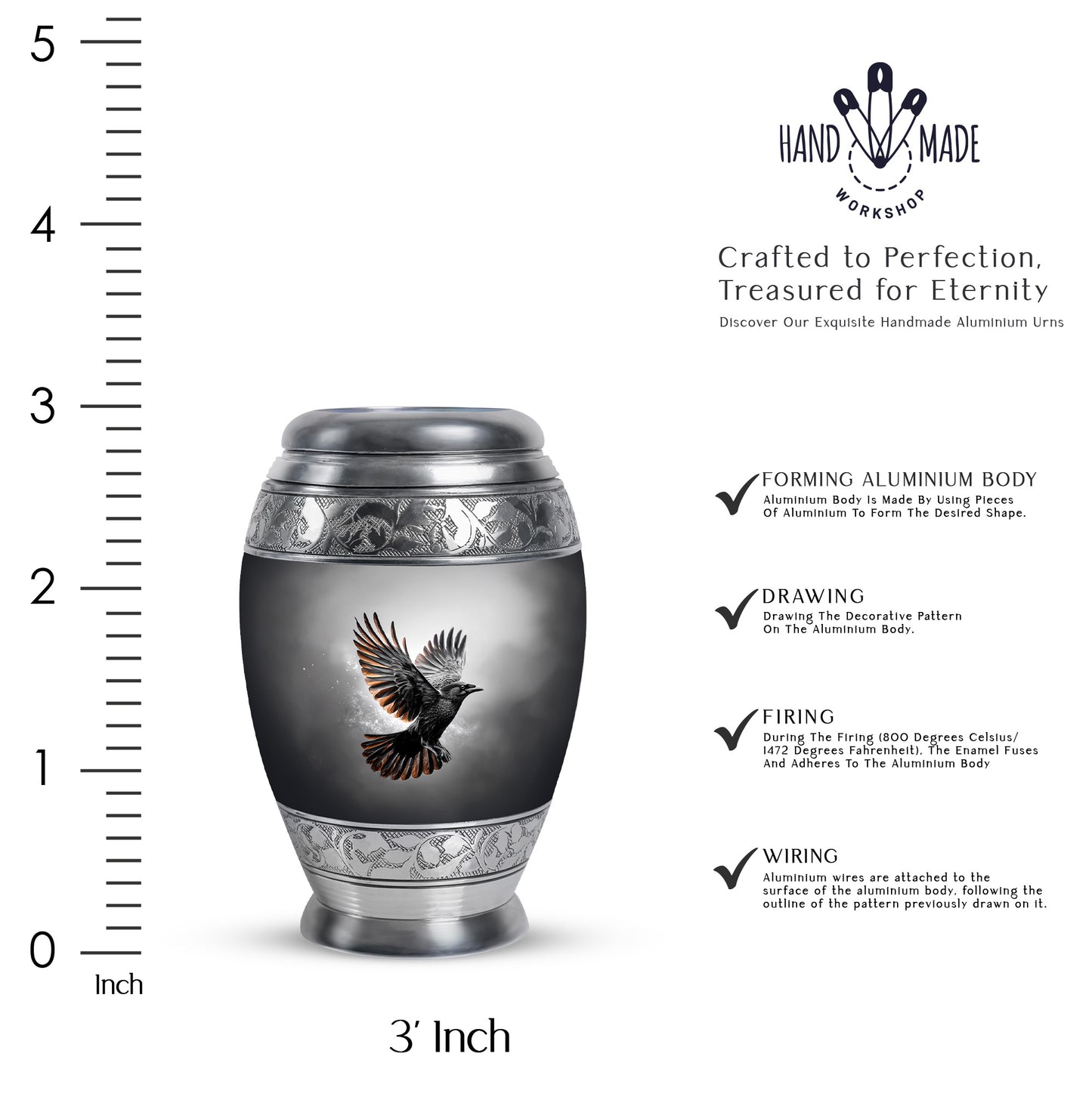 Onyx Black Crow Cremation Urn lifestyle display on memorial shelf - majestic crow pattern with filigree border - mini keepsake memorial for portion of cremation ashes