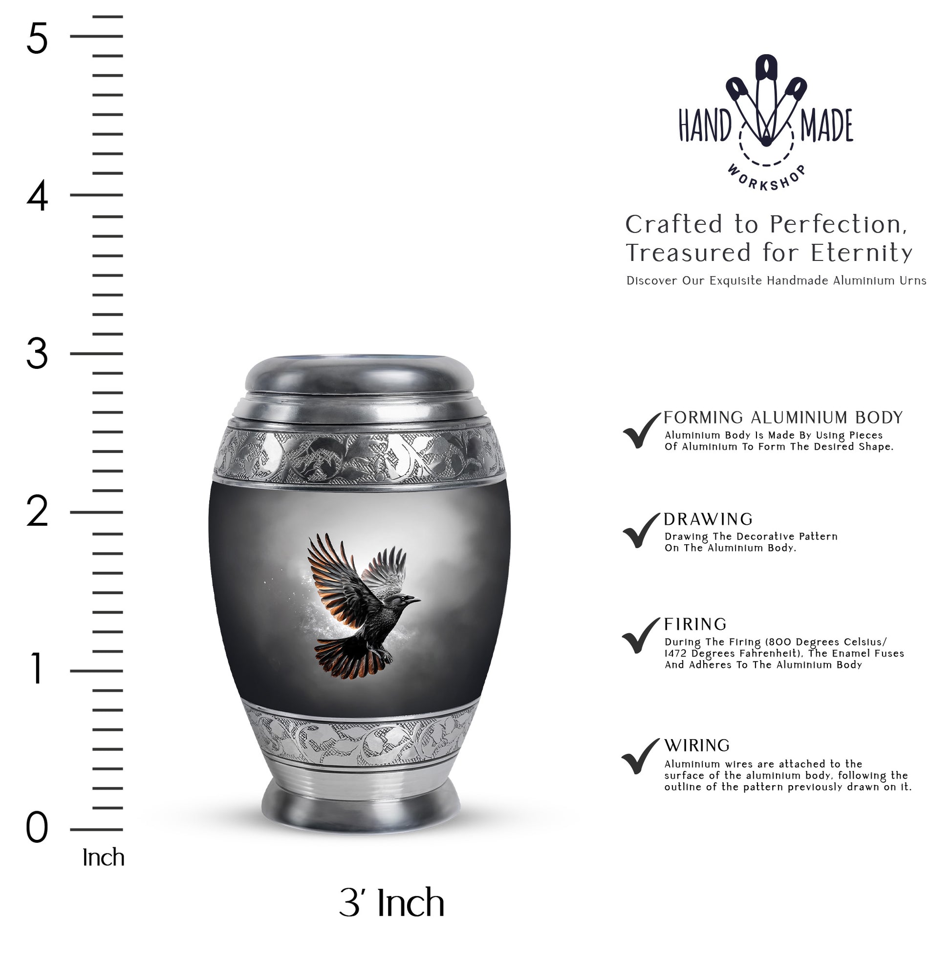 Onyx Black Crow Cremation Urn lifestyle display on memorial shelf - majestic crow pattern with filigree border - mini keepsake memorial for portion of cremation ashes