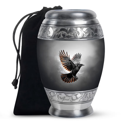 Dark Black Crow Cremation Urn back view with polished surface - majestic crow pattern with filigree border - full-size 10 inch 200 cubic inch adult cremation urn