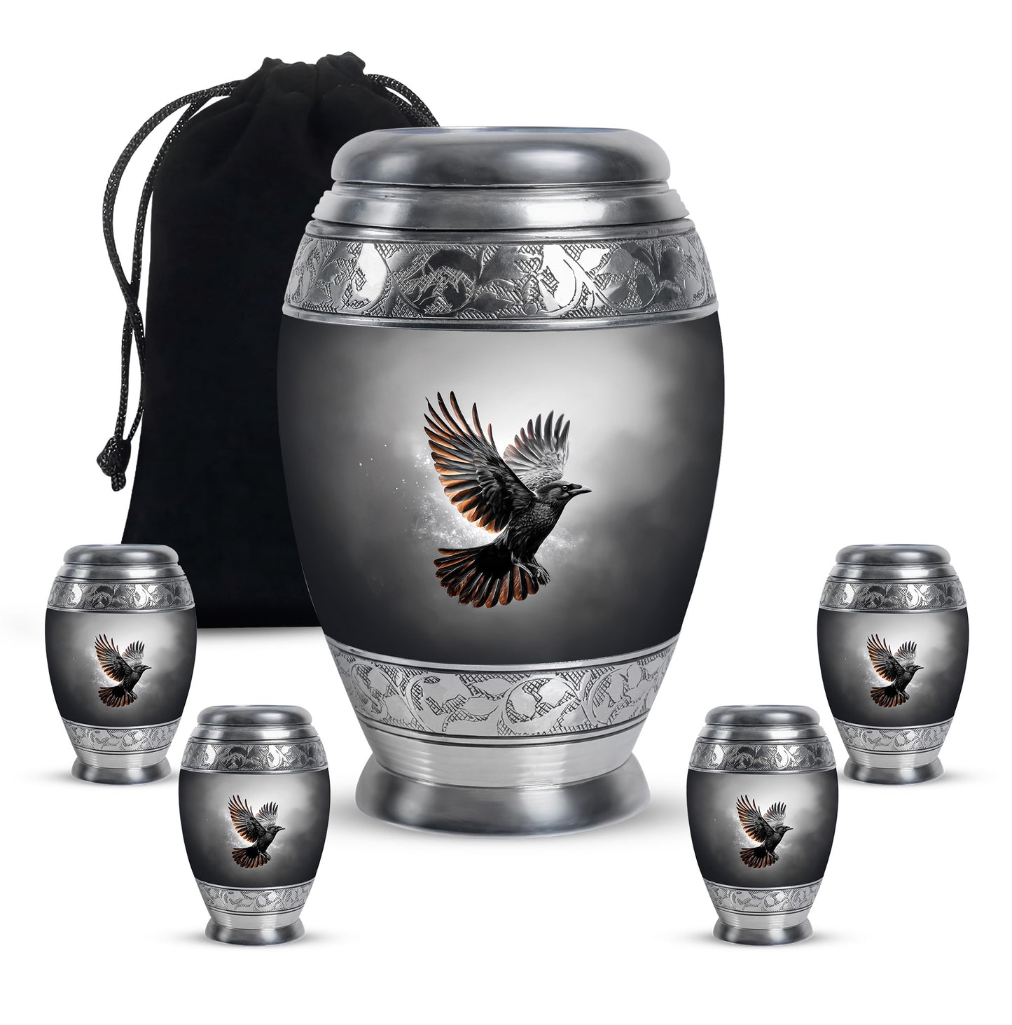 Ebony Crow Cremation Urn detail view - regal crow design with crown-inspired accents - memorial set with one large and four small urns