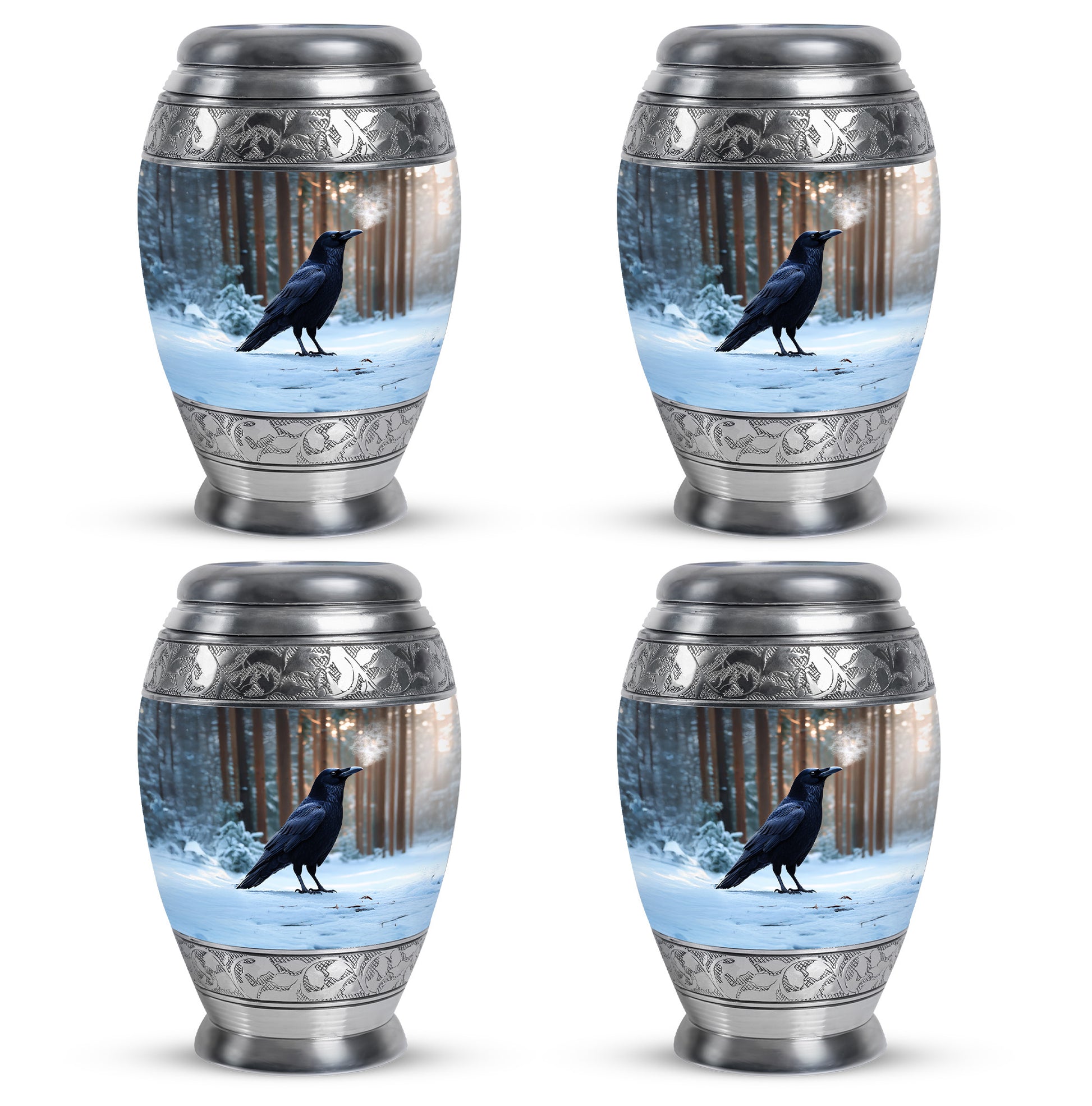 Calming Blue Crow Cremation Urn urn with complimentary velvet bag - majestic crow pattern with filigree border - 10 inch aluminum urn for cremated remains