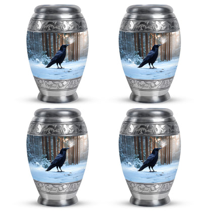 Calming Blue Crow Cremation Urn urn with complimentary velvet bag - majestic crow pattern with filigree border - 10 inch aluminum urn for cremated remains