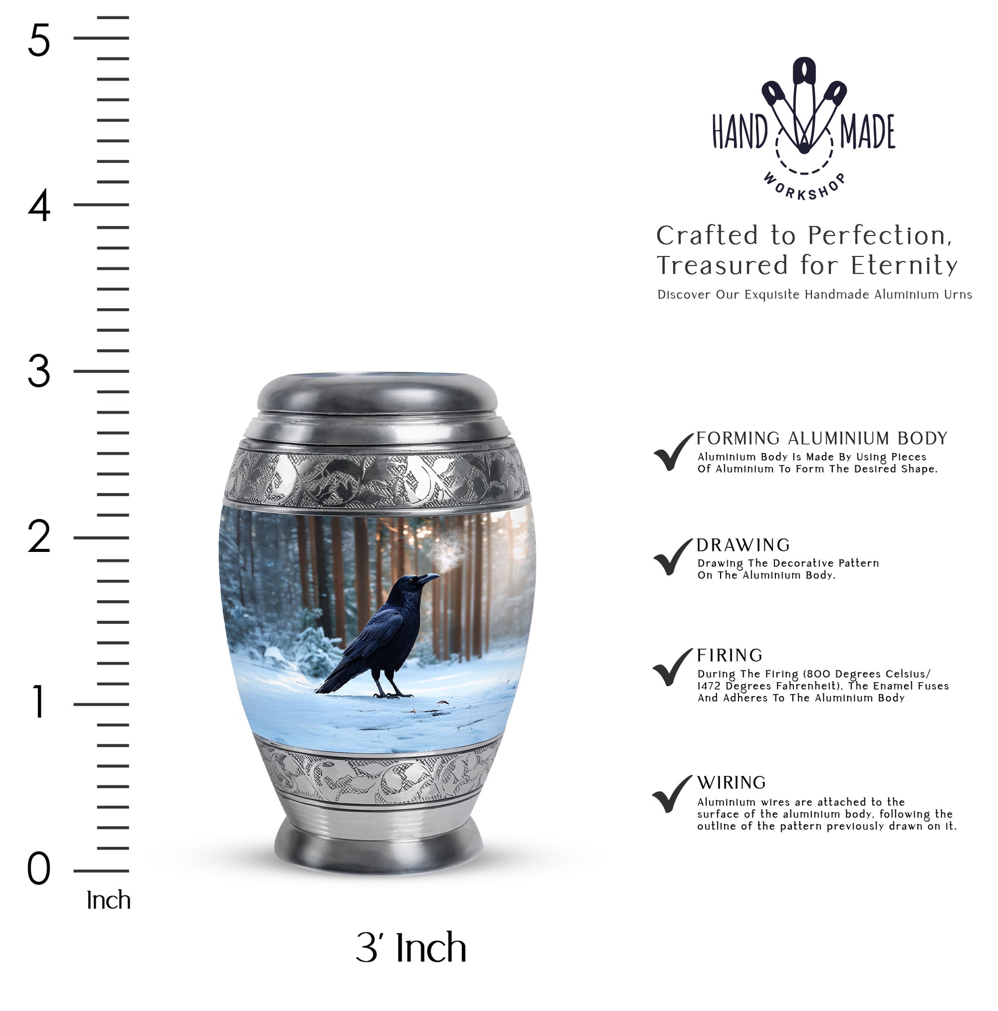 Vivid Blue Crow Cremation Urn lifestyle display on memorial shelf - royal crow engraving with decorative scrollwork - mini keepsake memorial for portion of cremation ashes