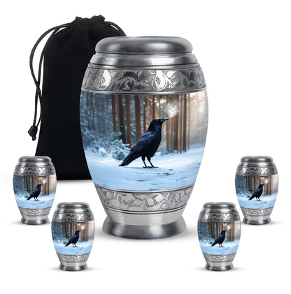 Azure Crow Cremation Urn detail view - regal crow design with crown-inspired accents - memorial set with one large and four small urns