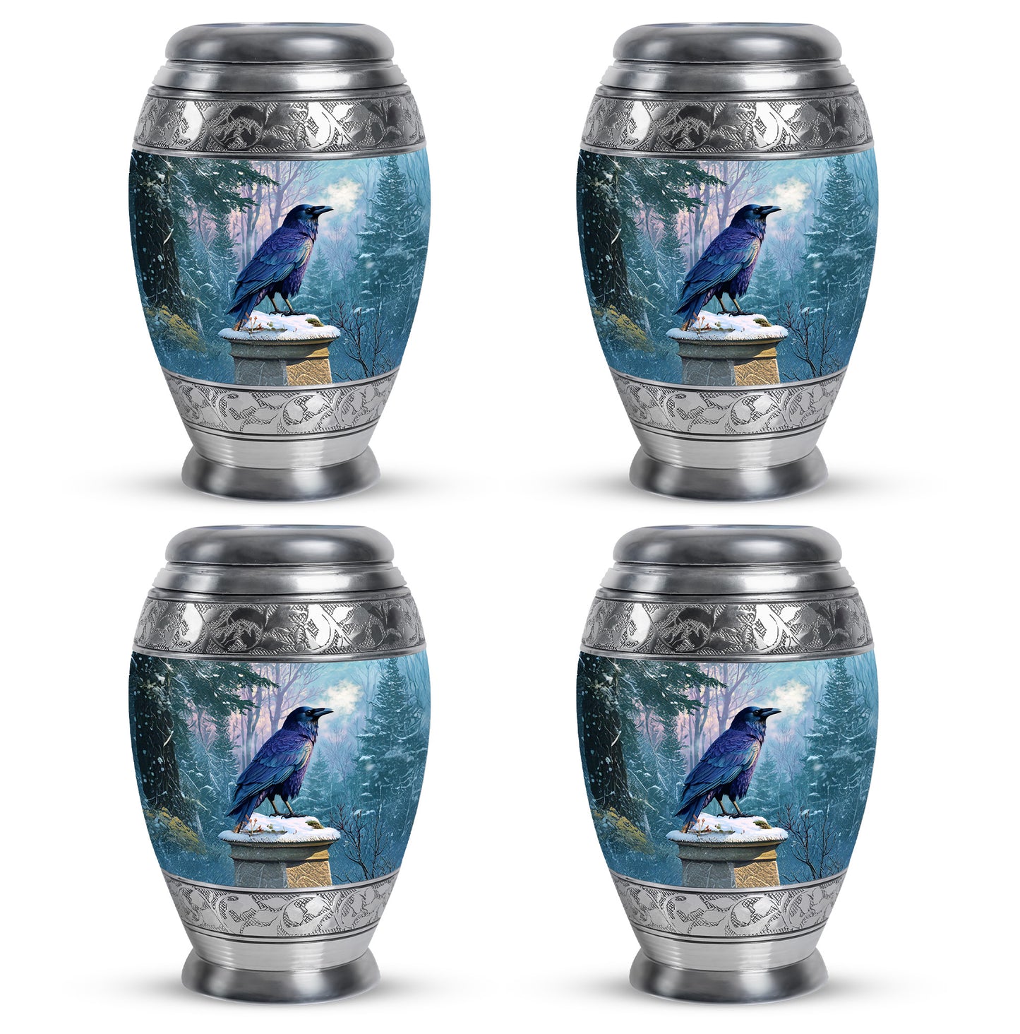 Vivid Blue Crow Cremation Urn urn with complimentary velvet bag - majestic crow pattern with filigree border - 10 inch aluminum urn for cremated remains