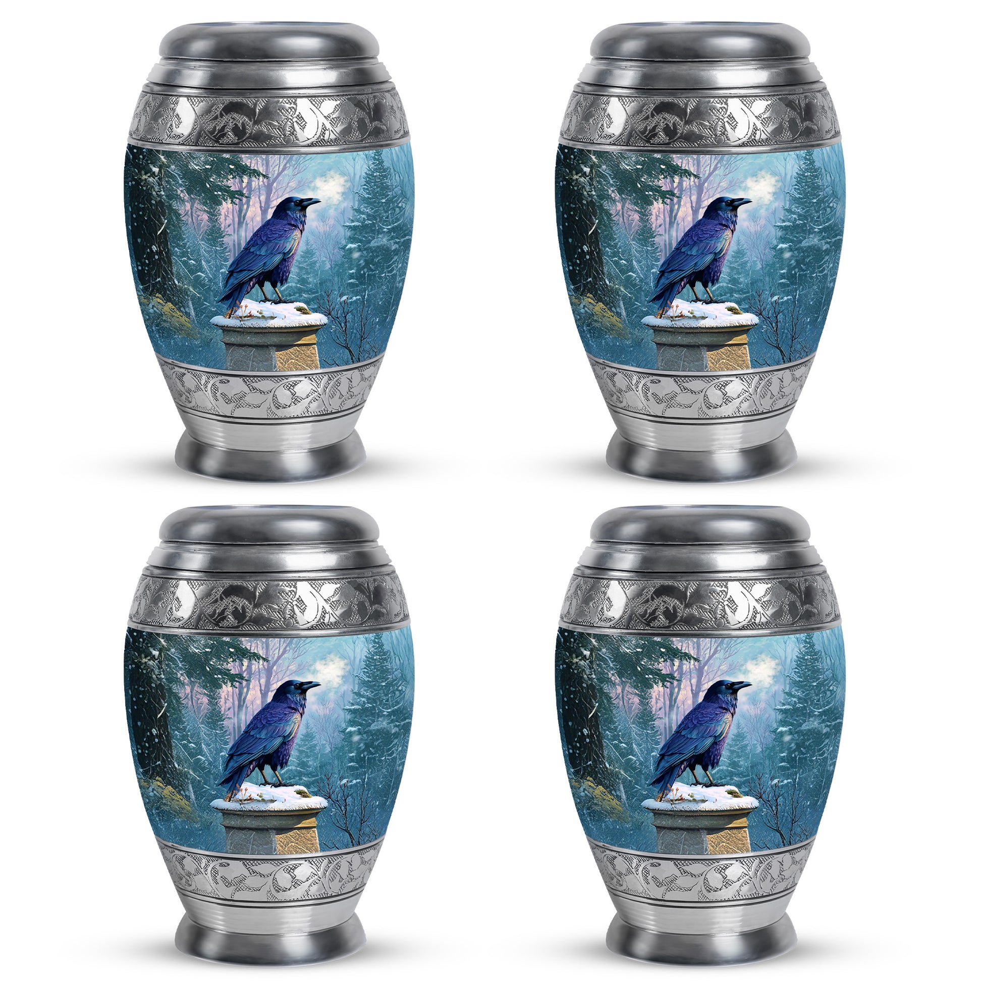Vivid Blue Crow Cremation Urn urn with complimentary velvet bag - majestic crow pattern with filigree border - 10 inch aluminum urn for cremated remains