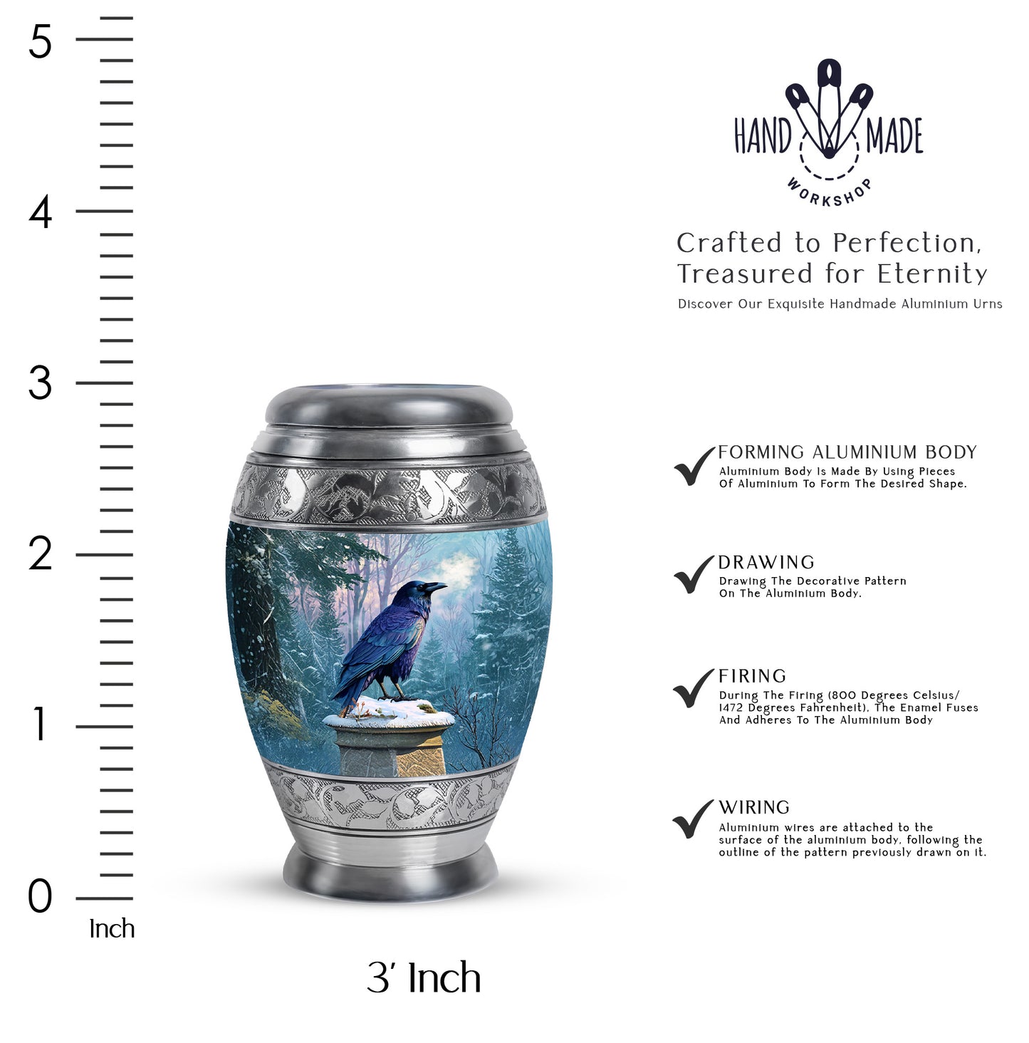 Powder Blue Crow Cremation Urn lifestyle display on memorial shelf - ornate monarch-style crow relief on brushed aluminum - mini keepsake memorial for portion of cremation ashes