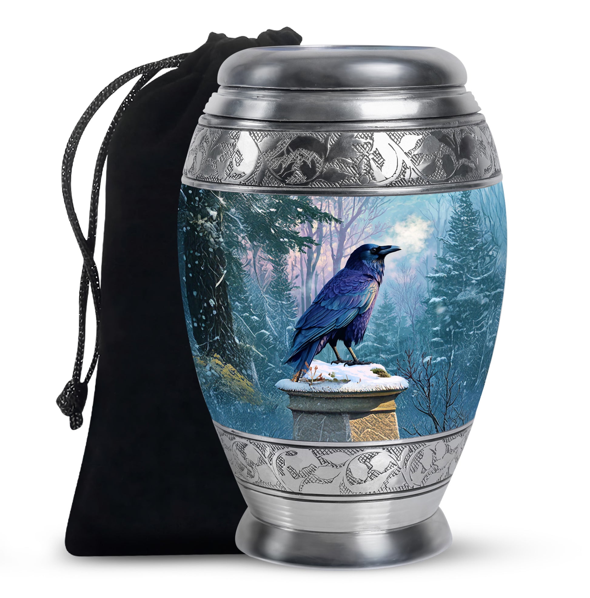 Steel Blue Crow Cremation Urn back view with polished surface - royal crow engraving with decorative scrollwork - full-size 10 inch 200 cubic inch adult cremation urn