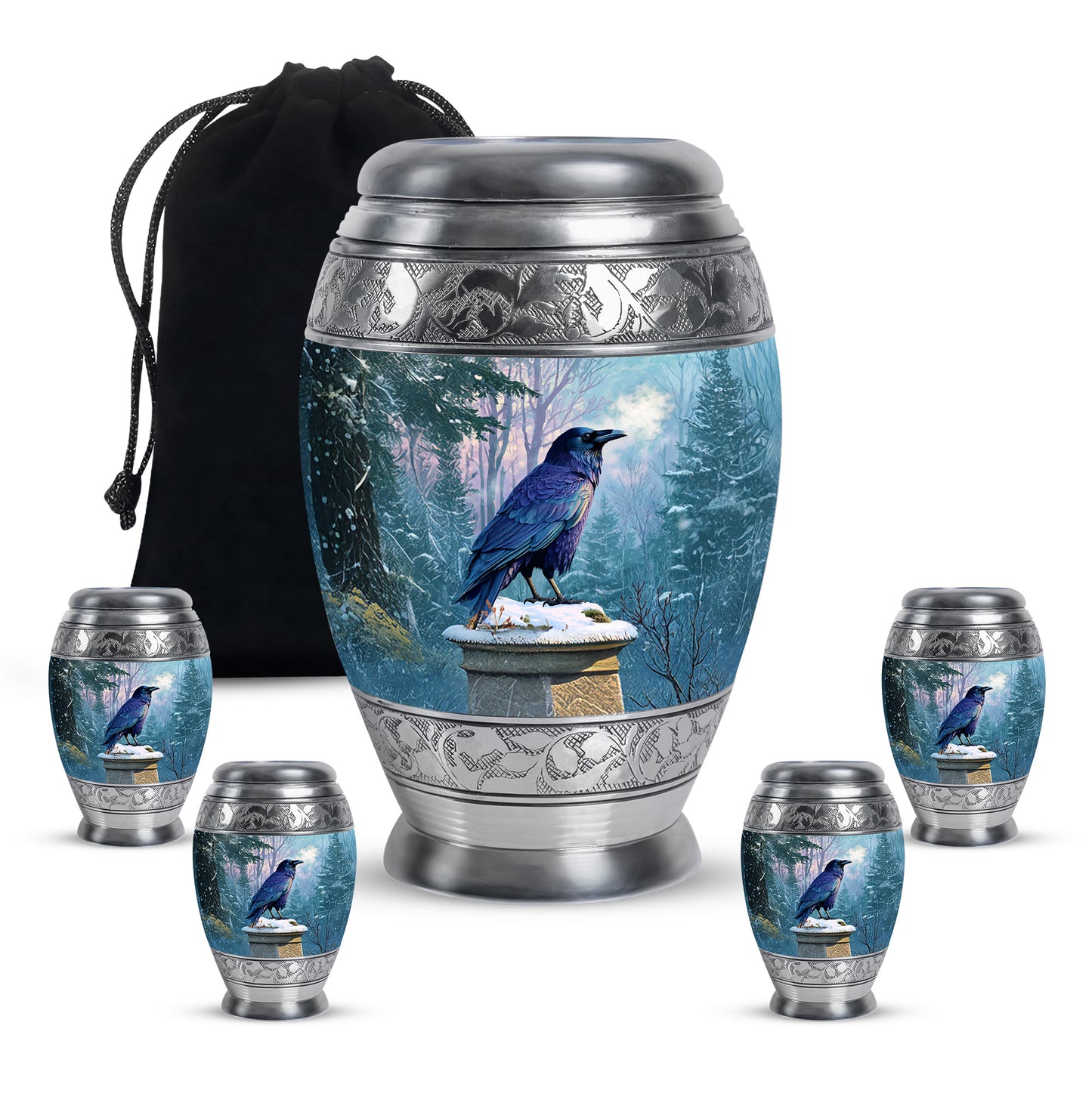 Icy Blue Crow Cremation Urn detail view - regal crow design with crown-inspired accents - memorial set with one large and four small urns