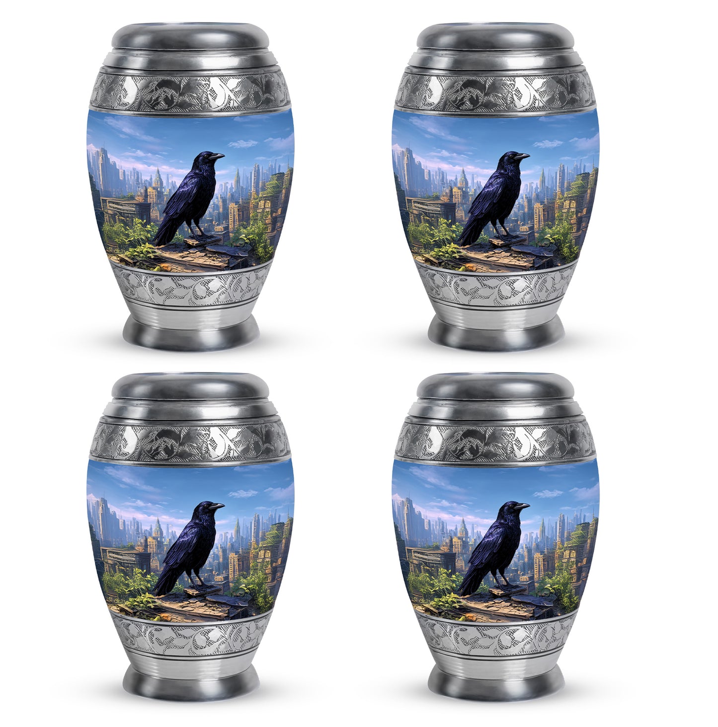 Slate Blue Crow Cremation Urn urn with complimentary velvet bag - ornate monarch-style crow relief on brushed aluminum - 10 inch aluminum urn for cremated remains