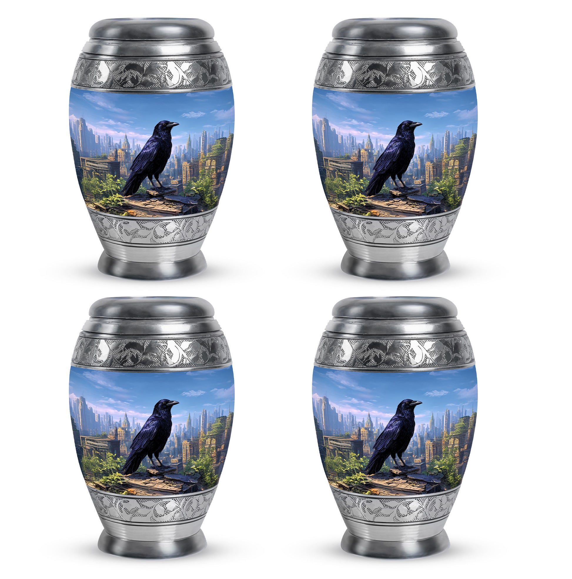 Slate Blue Crow Cremation Urn urn with complimentary velvet bag - ornate monarch-style crow relief on brushed aluminum - 10 inch aluminum urn for cremated remains