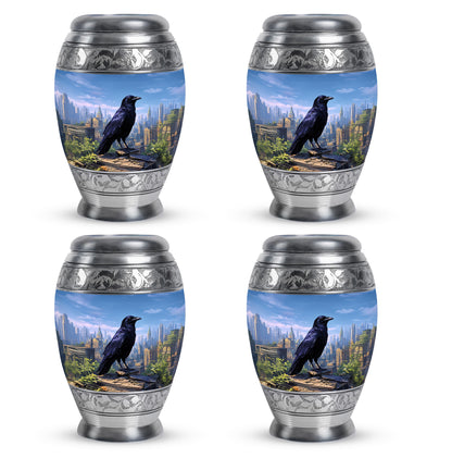 Slate Blue Crow Cremation Urn urn with complimentary velvet bag - ornate monarch-style crow relief on brushed aluminum - 10 inch aluminum urn for cremated remains