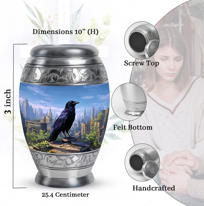Indigo Crow Cremation Urn lifestyle display on memorial shelf - regal crow design with crown-inspired accents - mini keepsake memorial for portion of cremation ashes