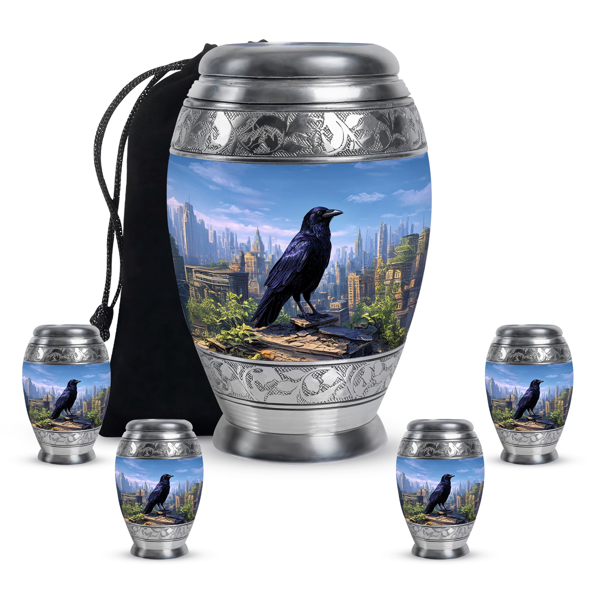 Powder Blue Crow Cremation Urn detail view - regal crow design with crown-inspired accents - memorial set with one large and four small urns
