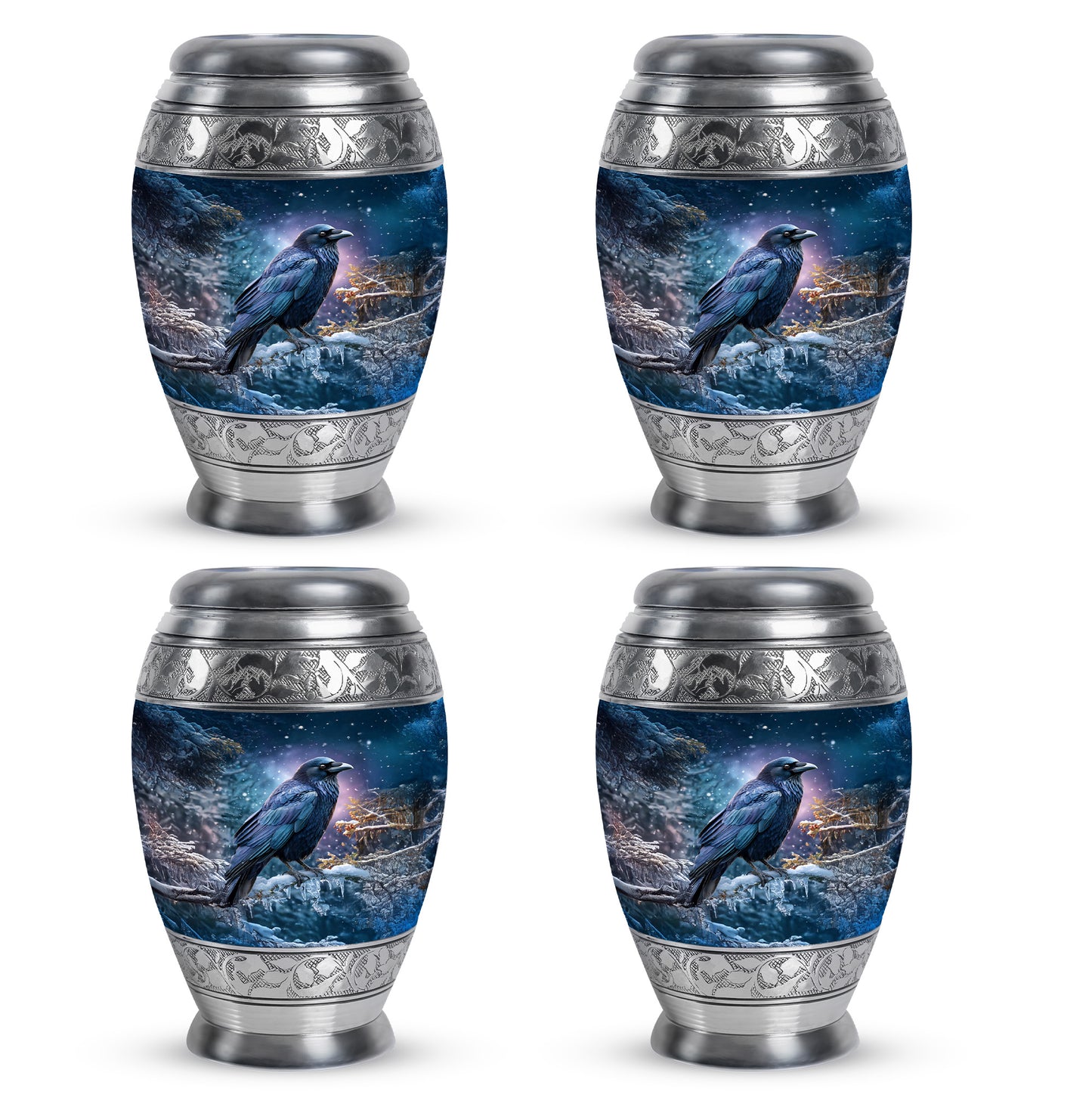 Dusty Blue Crow Cremation Urn urn with complimentary velvet bag - regal crow design with crown-inspired accents - 10 inch aluminum urn for cremated remains