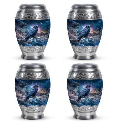 Dusty Blue Crow Cremation Urn urn with complimentary velvet bag - regal crow design with crown-inspired accents - 10 inch aluminum urn for cremated remains