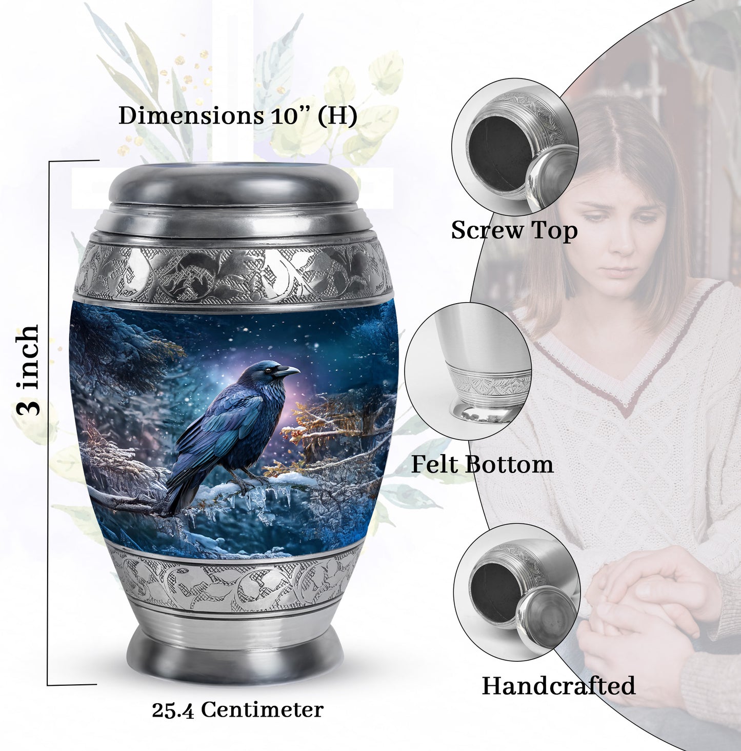 Serene Blue Crow Cremation Urn lifestyle display on memorial shelf - royal crow engraving with decorative scrollwork - mini keepsake memorial for portion of cremation ashes