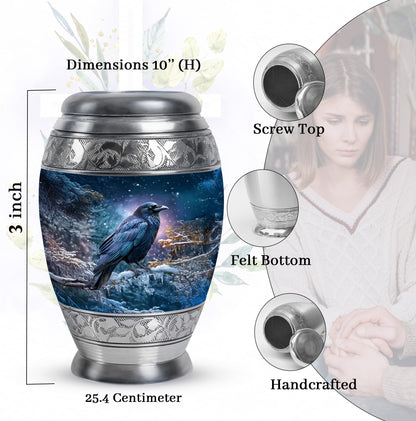 Serene Blue Crow Cremation Urn lifestyle display on memorial shelf - royal crow engraving with decorative scrollwork - mini keepsake memorial for portion of cremation ashes
