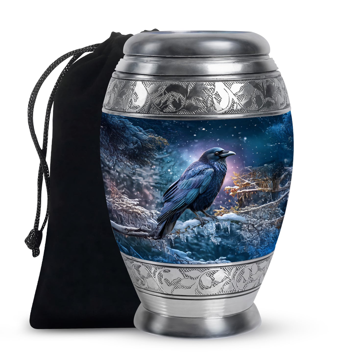 Misty Blue Crow Cremation Urn back view with polished surface - ornate monarch-style crow relief on brushed aluminum - full-size 10 inch 200 cubic inch adult cremation urn