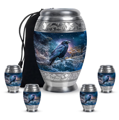 Steel Blue Crow Cremation Urn detail view - royal crow engraving with decorative scrollwork - memorial set with one large and four small urns
