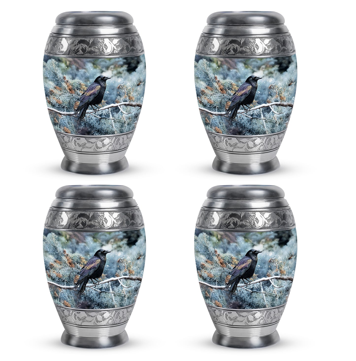 Sapphire Blue Crow Cremation Urn urn with complimentary velvet bag - majestic crow pattern with filigree border - 10 inch aluminum urn for cremated remains