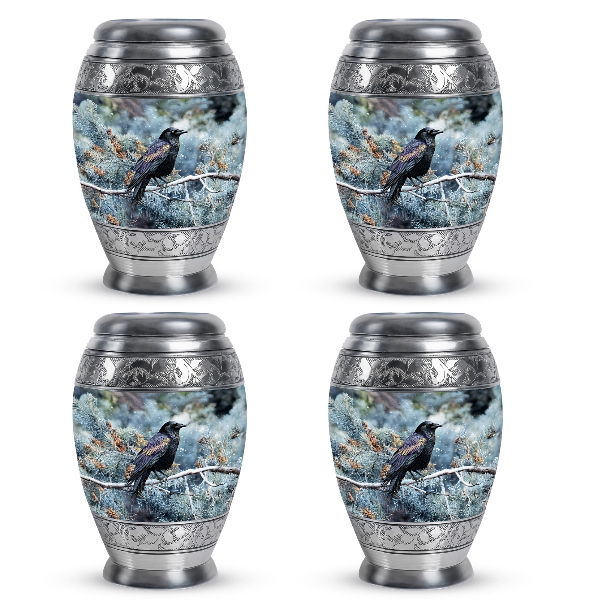 Sapphire Blue Crow Cremation Urn urn with complimentary velvet bag - majestic crow pattern with filigree border - 10 inch aluminum urn for cremated remains