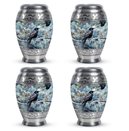 Sapphire Blue Crow Cremation Urn urn with complimentary velvet bag - majestic crow pattern with filigree border - 10 inch aluminum urn for cremated remains
