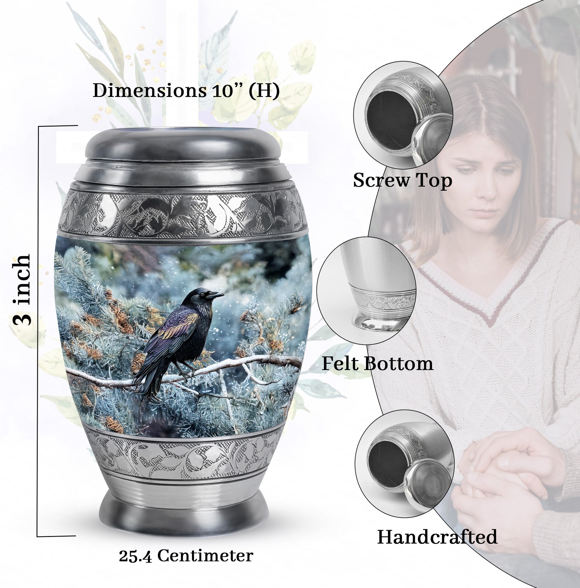 Sapphire Blue Crow Cremation Urn lifestyle display on memorial shelf - royal crow engraving with decorative scrollwork - mini keepsake memorial for portion of cremation ashes