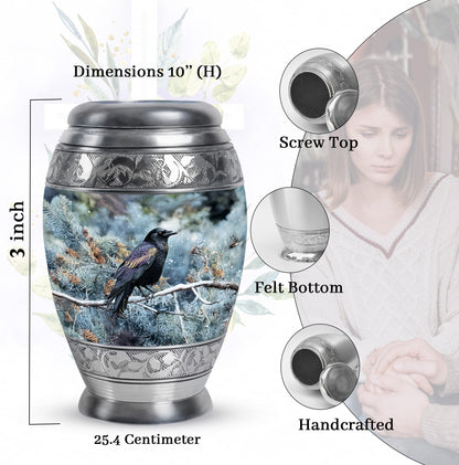 Sapphire Blue Crow Cremation Urn lifestyle display on memorial shelf - royal crow engraving with decorative scrollwork - mini keepsake memorial for portion of cremation ashes