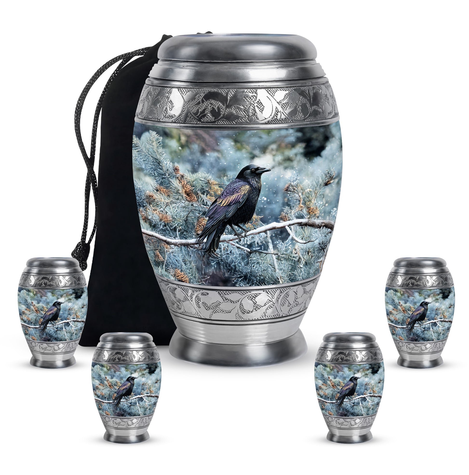 Misty Blue Crow Cremation Urn detail view - regal crow design with crown-inspired accents - memorial set with one large and four small urns