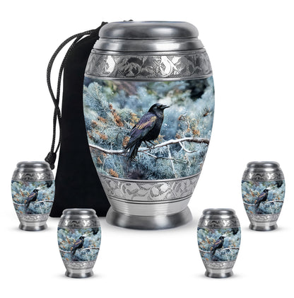 Misty Blue Crow Cremation Urn detail view - regal crow design with crown-inspired accents - memorial set with one large and four small urns