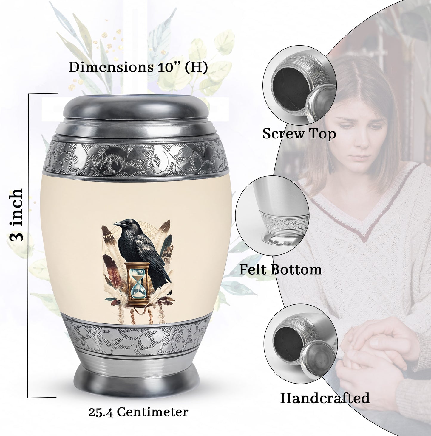 Cloud White Crow Cremation Urn lifestyle display on memorial shelf - majestic crow pattern with filigree border - mini keepsake memorial for portion of cremation ashes