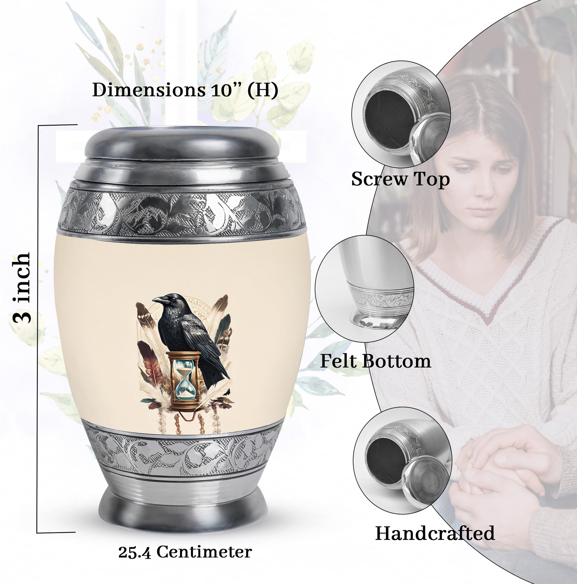 Cloud White Crow Cremation Urn lifestyle display on memorial shelf - majestic crow pattern with filigree border - mini keepsake memorial for portion of cremation ashes