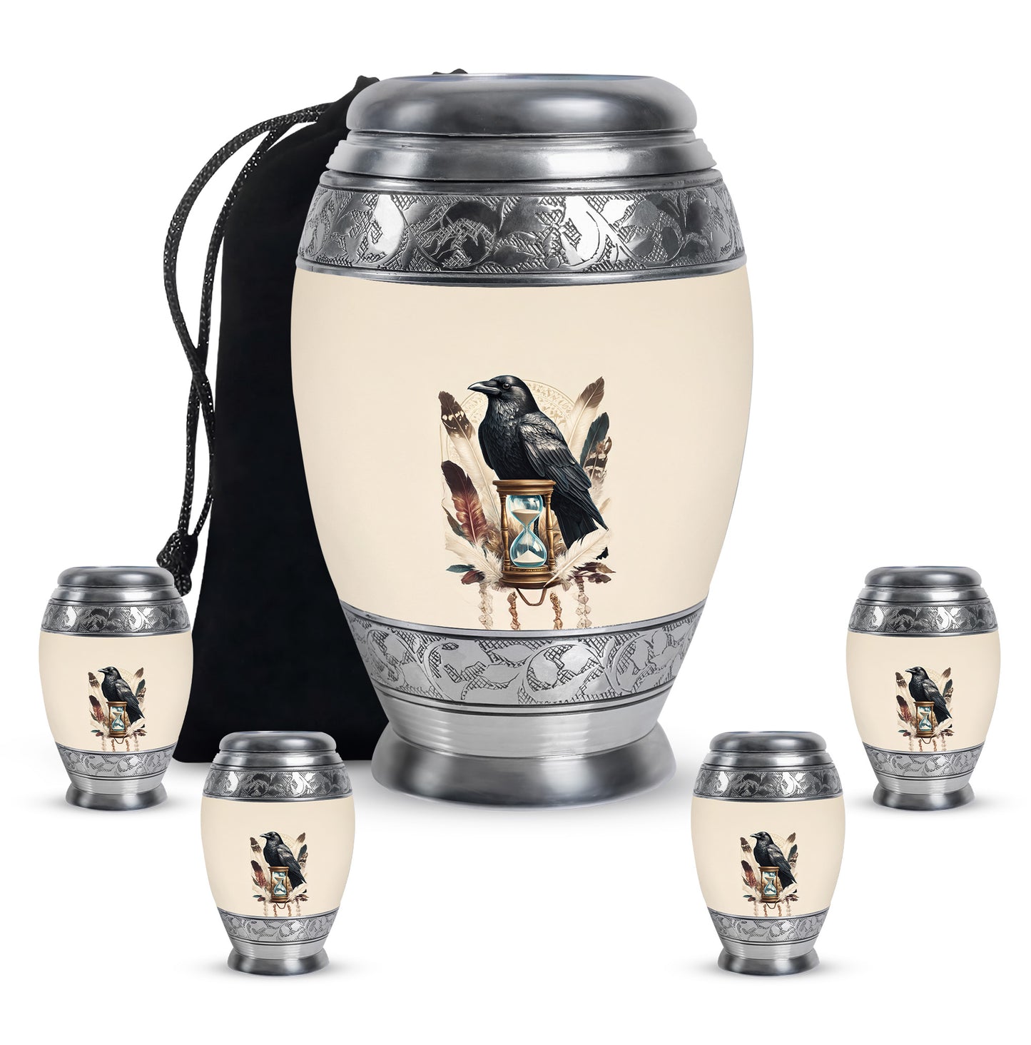 Ivory White Crow Cremation Urn detail view - ornate monarch-style crow relief on brushed aluminum - memorial set with one large and four small urns